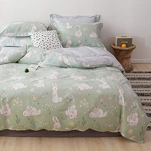 BlueBlue Rabbit Kids Duvet Cover Set, 100% Cotton Bedding for Boys Girls Teens Single Bed, Cartoon White Rabbit Flower Pattern Print on Light Green, 1 Comforter Cover 2 Pillowcase (Twin, Cute Rabbit) BlueBlue