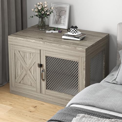 Wooden Dog Crate Furniture,36 Inch Dog Kennel Indoor with Double Doors, Medium Dog Cage with Cushion, Wood Pet House End Table Chew-Resistant for Medium/Small Dog, Grey Redpick