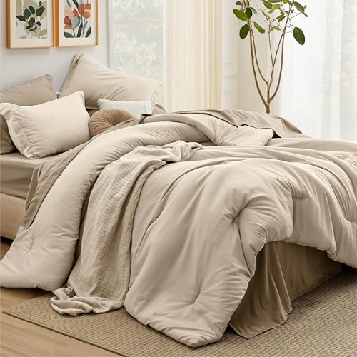 Bedsure King Size Comforter Set - 7 Pieces Light Beige King Bedding Set for All Seasons, Boho Contrasting Design Bed in a Bag with Comforter, Sheets, Pillowcases & Shams Bedsure