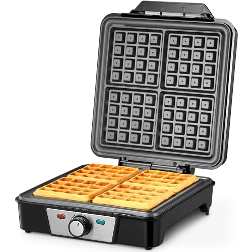 Belgian Waffle Maker 4 Slices, 1200W Waffle Iron, Anti-Overflow Waffle Iron with Browning Knob, Nonstick Plates, Indicator Lights, Silver/Black Reemix