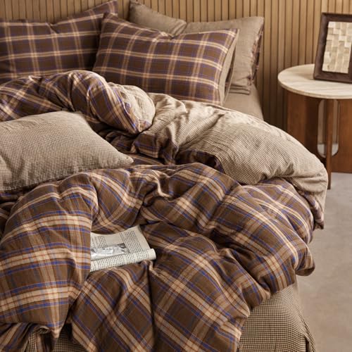 EAVD Vintage Style Brown&Blue Plaid Duvet Cover Full Soft 100% Muslin Cotton Brown Green Blue Grid Checkered Plaid Bedding Set with 2 Pillowcases Reversible Gingham Duvet Cover with Zipper EAVD