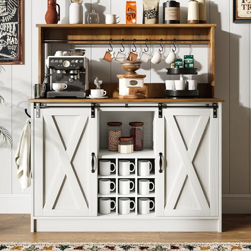 4ever2buy Farmhouse Coffee Bar Cabinet with 6 Hooks, 47'' Kitchen Coffee Bar with Hutch and 9 Wink Racks, White Coffee Bar Table with Sliding Barn Door for Dining Living Room 4ever2buy