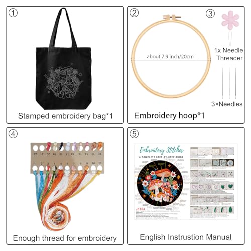 Louise Maelys Embroidery Kit Canvas Tote Bag for Beginners,Cross Stitch Kits for Adults,Arts Crafts Needlepoint with Mushroom Flower Pattern,Women Shopping Reusable Grocery Bags