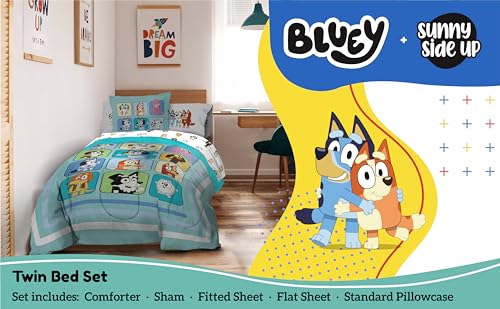 Sunny Side Up Bluey & Friends Twin Comforter Set - 5 Piece Kids Bedding Includes Comforter, Sheets & Pillow Cover - Super Soft Microfiber Bed Set Sunny Side Up