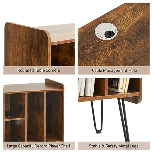 Leesingdo Large Record Player Stand with Vinyl Storage, Retro Brown Record Player Table with Power and USB Port, Holds Up to 200 Albums, Turntable Stand Vinyl Record Player Storage Cabinet Leesingdo