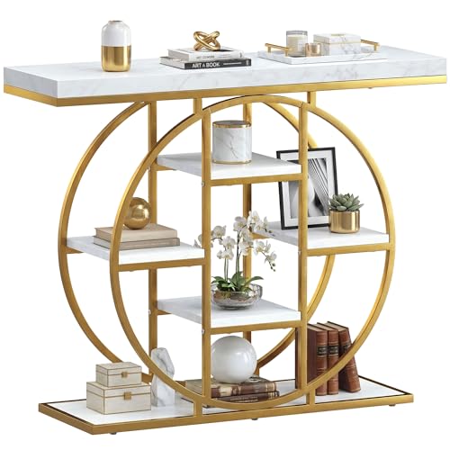 HOMCOM Entryway Table, 39.4" Console Sofa Table with Storage Shelves and Circle Steel Frame, Narrow Wood Accent Tables for Entrance, Hallway, Foyer, Living Room, White Marble Effect HOMCOM