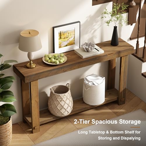 HOKYHOKY Solid Wood Console Table for Entryway, 54.3" Farmhouse Entryway Tables with Thickened Tabletop and Legs Rustic Narrow Skinny Behind Couch Long Sofa Table for Living Room, Hallway, Foyer HOKYHOKY