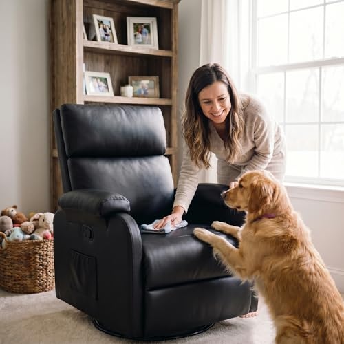 Flamaker Rocking Chair for Nursery, 360 Swivel Rocker Recliner with Vibration Massage, PU Leather, Adjustable Backrest, for Living Room, Bedroom (Black)