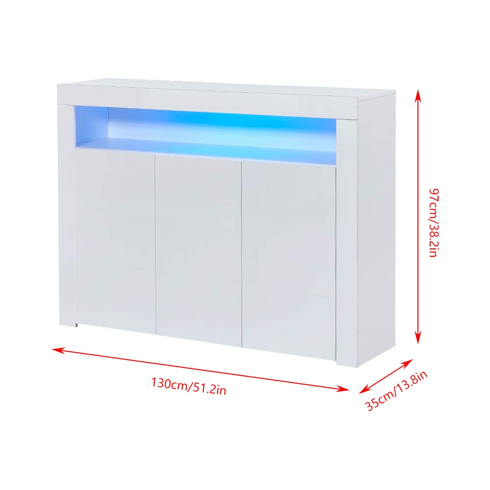 HomeSailing LED Kitchen Sideboard Storage Buffet Cabinet White High Gloss for Living Room, Modern Wooden Unit Cupboard TV Stand with 3 Doors for Hallway Dining Room HomeSailing