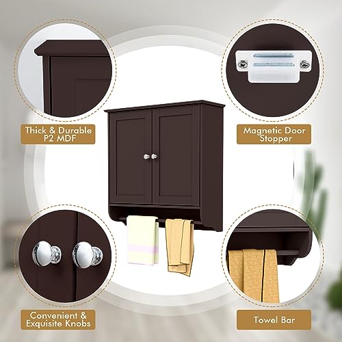 Tangkula Bathroom Cabinet Wall Mounted, Bathroom Medicine Cabinet with Bar&Double Door&Adjustable Shelf, Over The Toilet Storage Cabinet, Hanging Cabinet for Bathroom Laundry Kitchen (Brown) Tangkula