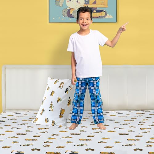 3-Piece Twin Size Bed Sheet Set by Coukouchyi, Soft & Breathable Kids Fitted & Flat Sheet for Boys with Deep Pocket, Construction Cars Cokouchyi