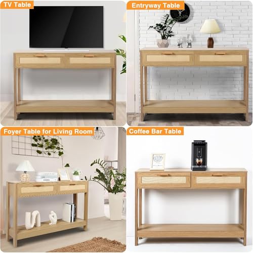 Duryarhall Console Table with Rattan Drawers Boho Entryway Table Narrow Long Sofa Table for Entrance, Hallway, Living Room, Couch Duryarhall
