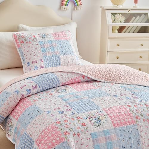 Joyreap Twin Size Quilt Set for Girls, Pink n Blue Floral Patchwork Design, 2 Pieces Soft n Cozy Microfiber Quilt, Bedspread Bed Cover for All Season- 68x88 inches Joyreap