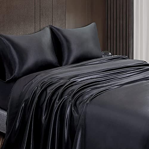 Homiest Black Satin King Flat Sheet, Silky Bedding Top Sheet for King Mattress, Luxury & Ultra Soft Single Bed Sheet Sold Separately Homiest