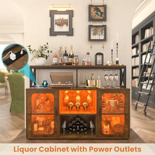 Aheaplus Bar Cabinet with Power Outlets, Liquor Cabinet with Led Lights and Glass Holder, Storage Buffet Cabinet Coffee Bar Cabinet for Liquor, Wine Cabinet with Racks, RustivBrown Aheaplus