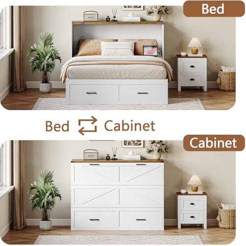 CHUWELL Full Size Murphy Bed with Charging Station & Drawer, Farmhouse Full Size Mobile Cabinet Bed Frame, Murphy Chest Bed Cabinet for Bedroom, Guest Room
