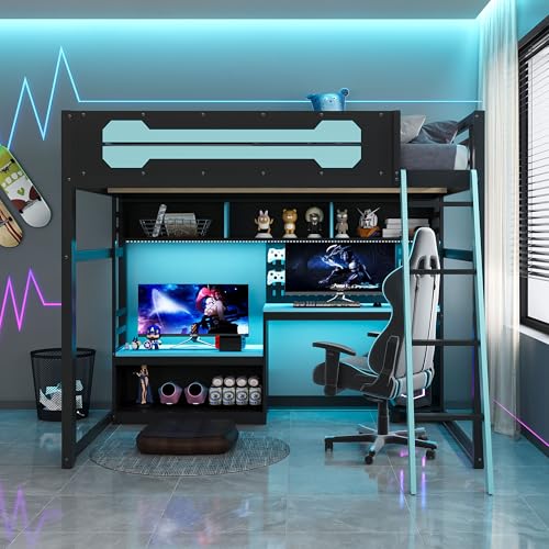 Merax Full Size Wood Loft Bed with Desk, Storage Shelves and Pegboard, Gaming Loft Bed with Light and USB Ports, Black+Blue Wooden Bed Frame Merax