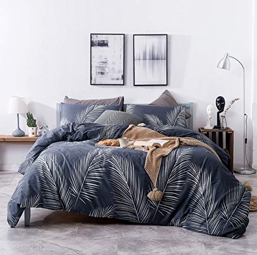 SUSYBAO Plant Patterned Duvet Cover Queen 100% Cotton 3 Pieces Set 1 Hawaiian Tropical Botanical Duvet Cover with Zipper Ties 2 Pillowcases Farmhouse Navy Blue Palm Leaves Print Bedding Set Soft SUSYBAO