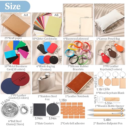 Dunzoom 127 Pcs Laser Material Kit Laser Cutting Engraving Materials Accessories Including Wood, Metal, PU Leather, Fabric, Glass, Rock, Rubber for Cutters Engraving Supplies Dunzoom