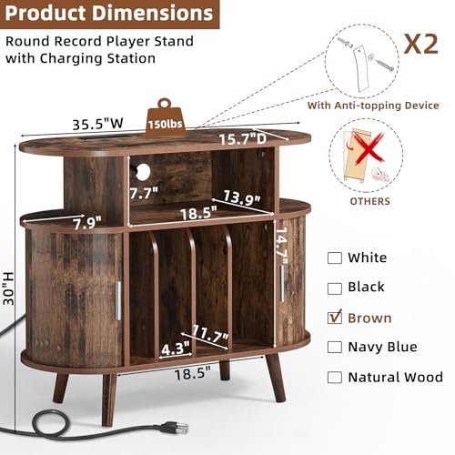 LELELINKY Large Round Record Player Stand with Charging Station & Fluted Panel, Brown Mid Century Modern Turntable Cabinet with Vinyl Storage, Arched Wood Record Player Table for Living Room LELELINKY
