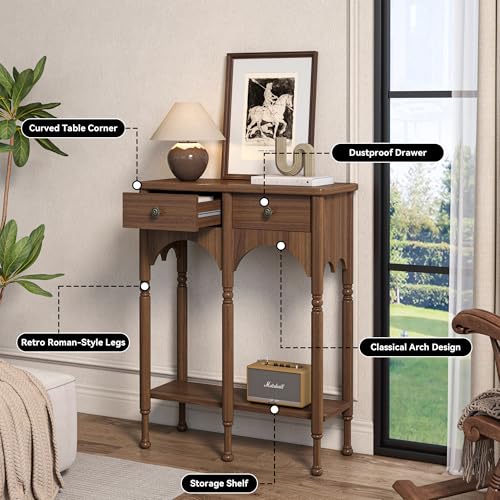 Topbele Console Table with 2 Drawers & Shelf, 28" Mid-Century Modern Entryway Table, Retro 2-Tier Sofa Table, Wooden Accent Table for Living Room, Hallway, Brown Topbele