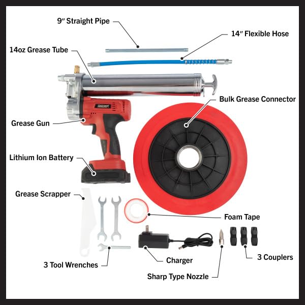 Stalwart Grease Gun - 20V 12000 PSI Cordless Grease Gun with 14-Inch Hose, Couplers, Lithium Ion Battery, Charger, and More - Tool Kit (Black/Red) Stalwart