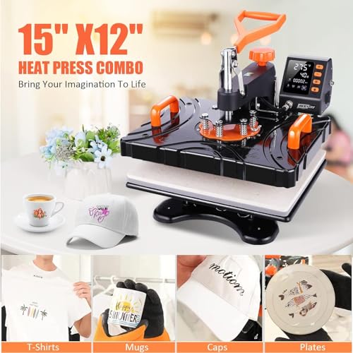 AKEYDIY Upgraded 8 in 1 Heat Press Machine for Tshirts 12''X15'' 360° Swing Away Shirt Press Machine for Sublimation Multifunctional Heat Transfer Machine Combo for DIY T-Shirts Cap & Mugs AKEYDIY