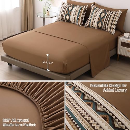 Dinjoy Boho King Size Bed in A Bag 7 Pieces,Brown/Coffee Comforter Set Aztec Striped Fall Bedding Set Bohemian Patchwork Complete Set Geometric Pattern Comforters for Women Men 90"×104" Dinjoy