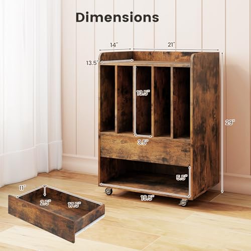LOKO Record Player Stand On Wheels, Rolling Turntable Stand with 5 Compartments, Drawer & Open Shelf, Vinyl Display Shelf Storage Cabinet for Living Room, Bedroom, Study (Rustic Brown, 21" x 14") LOKO