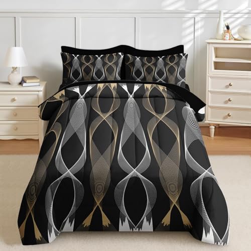 Nesker 7 Pcs Comforter Set Queen Size, Striped Minimalist Bedding Set for Kids and Adults, White Golden Wave Bed Sheet Sets with Fitted Sheet 2 Pillowcases & 2 Shams Nesker