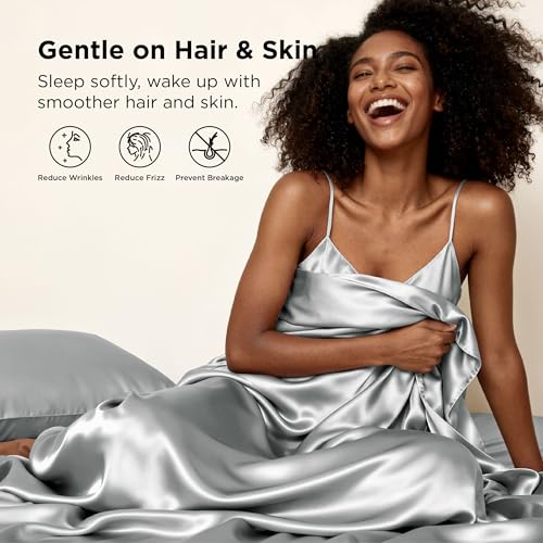 Bedsure Satin Sheets Full Size - 4 Piece Silky Bedsheets with 15 Inches Deep Pocket Fitted Bedsheet,1 Flat Sheet, 2 Satin Pillowcases, Good for Hair & Skin (Full, Silver Grey) Bedsure