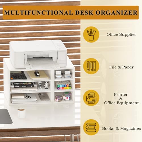 MARTY Printer Stand with Storage for Desk Large Desktop Printer Stand Shelf Riser with 6 Storage Compartments Wood Desk Paper Organzier File Organizer for Home/Office, White MARTY