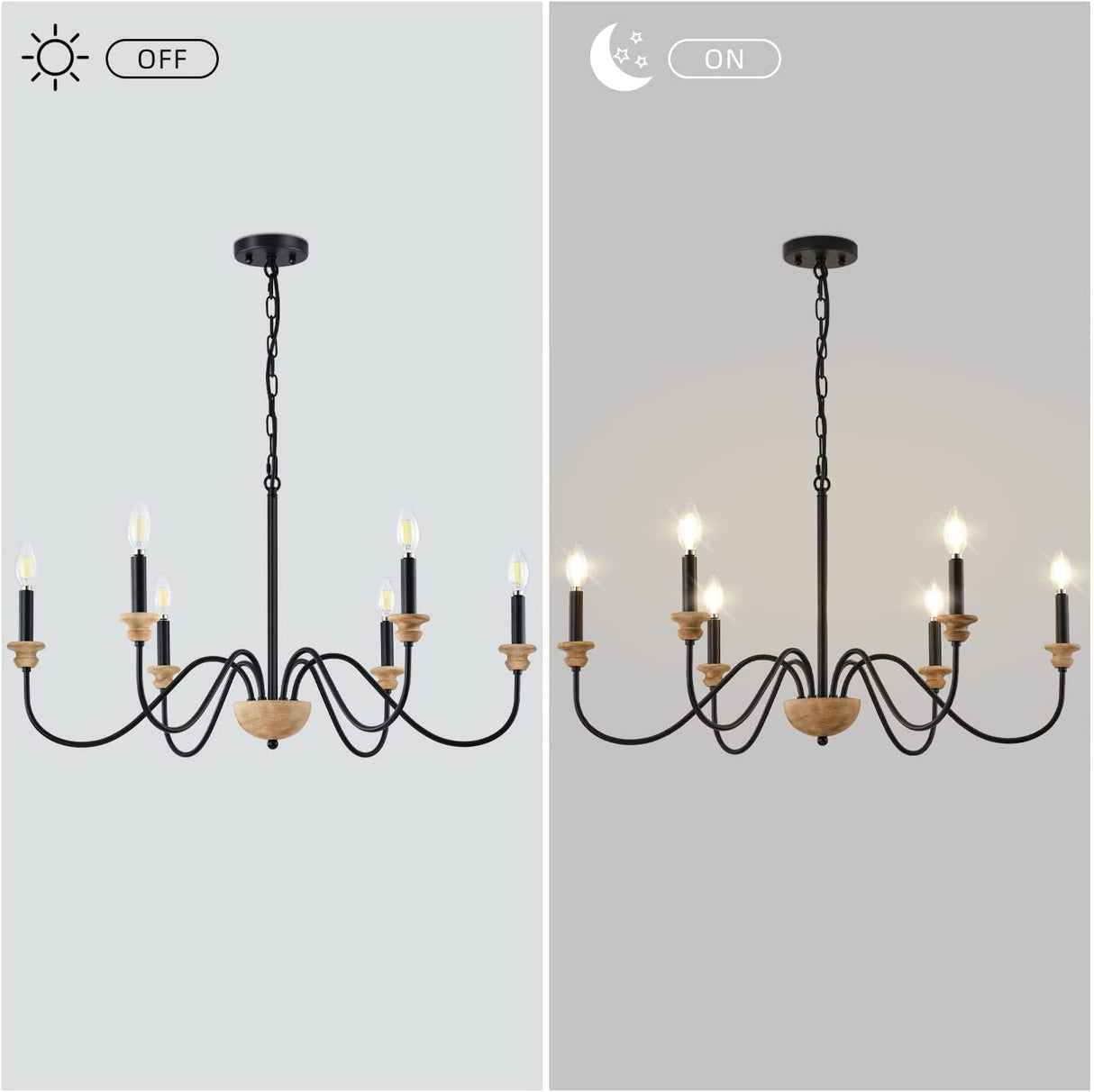 6-Light Wood Chandelier for Dining Room, Black Farmhouse Chandelier, Modern Light Fixtures Over Table, Rustic Candle Ceiling Chandelier for Living Room Bedroom Entryway Kitchen, 32.5" Diameter maesta