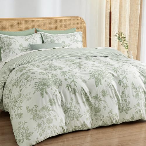 PHF Ultra Soft Floral Duvet Cover King Size, Printed Bedding Set 3 Pieces, Comfy Farmhouse Pattern Duvet Cover Set with 2 Pillow Shams, Zipper Closure and 8 Ties, 104"x90", Flower-Green PHF