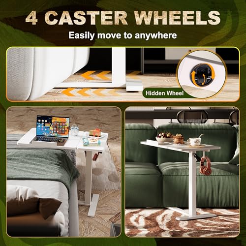 EKNKOZY Standing Desk, Medical Overbed Table with Rolling Tray, Dual Pneumatic Angle and Height Adjustable Desk, Portable Side Table with Hidden Wheels, Home & Hospital Use, White EKNKOZY