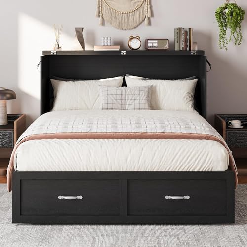 Harpaq Full Size Murphy Bed, Full Size Cabinet Bed Frame with Storage Drawer, Farmhouse Wooden Cabinet for Bedroom/Office/Guest Room, Black+Barnwood Harpaq
