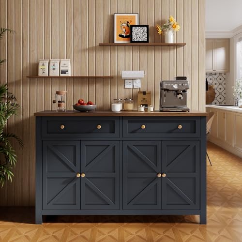 Cakhdry 55" Sideboard Buffet Cabinet with Storage, Large Kitchen Storage Cabinet with 2 Drawers and 4 Barn Doors, Farmhouse Coffee Bar Buffet Table for Kitchen Living Room Room, Black Cakhdry