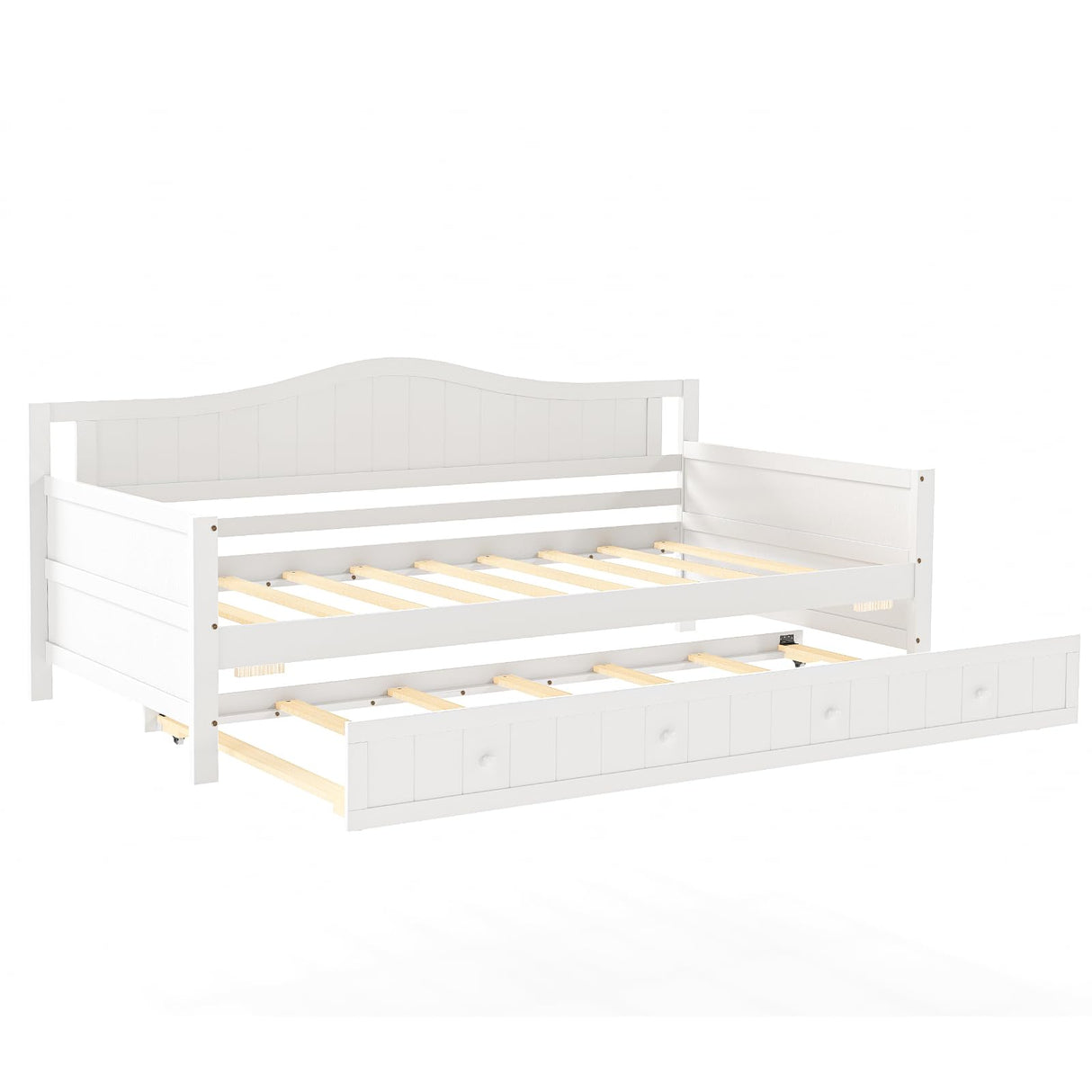 Sweetcrispy Twin Size Day Bed Frame with Trundle, Integrated Headboard & Armrests, Space-Saving Trundle Bed for Living Room, Bedroom, Guest Room, Sturdy Wood Construction for Adults and Kids, White Sweetcrispy