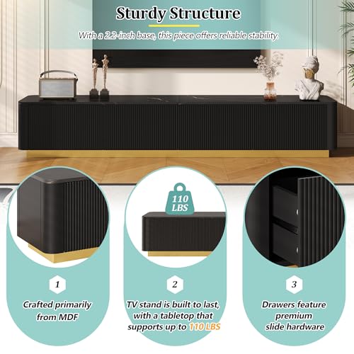 Fluted TV Stand for TVs Up to 85", Modern Entertainment Center with Drawers and Gold Base, Curved Profile TV Media Console Table with Faux Marble Tabletop for Living Room, Bedroom (Black) BEDGJH