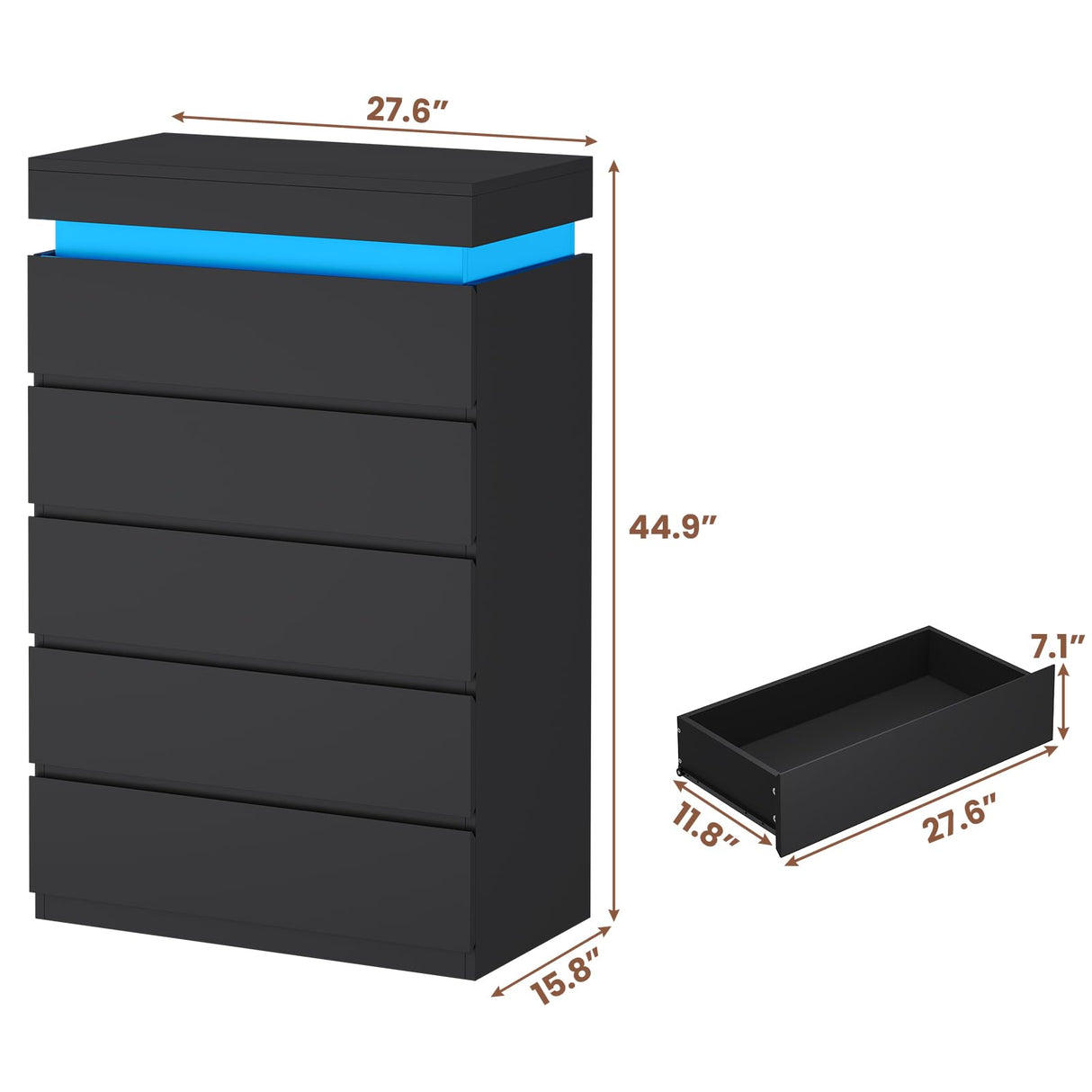 HAUOMS Tall 5 Drawer Dresser with LED Light, Black Modern Chest of Drawers for Bedroom,Closet Dressers with Drawers for Living Room, Entryway, Hallway HAUOMS