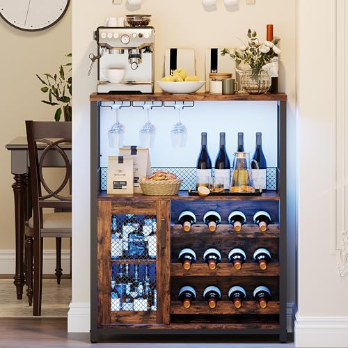 IDEALHOUSE Wine Bar Rack Cabinet with Light, Adjustable Shelves Coffee Bar Cabinet with Mesh Door and Baffle Design, 36 in Tall Small Liquor Bar Cabinet for Home, Kitchen, Dinning Room, Rustic Brown IDEALHOUSE