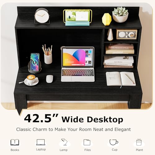 Tangkula Computer Desk with Hutch & Charging Station, Home Office Writing Study Desk with Storage Shelves, Cable Management Hole, Laptop Desk, Desk for Bedroom, Computer Workstation (Black) Tangkula