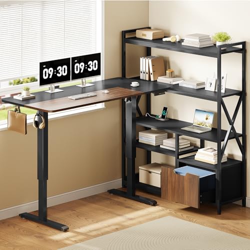 Homiflex 77.8 Inches L Shaped Standing Desk Corner Desk with Hutch Electric Height Adjustable Desk with Storage Shelves File Drawer Power Outlets Reversible Computer Gaming Desk for Home Office Black Homiflex