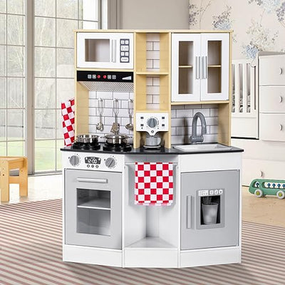 BRINJOY Kitchen Playset for Kids, Wooden Toddler Play Kitchen w/Faucet, Sink, Microwave, Oven, Apron, Cabinets, Children Pretend Play Cooking Toy Set w/Sound & Light, Gift for Girls Boys Age 3+