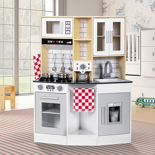 BRINJOY Kitchen Playset for Kids, Wooden Toddler Play Kitchen w/Faucet, Sink, Microwave, Oven, Apron, Cabinets, Children Pretend Play Cooking Toy Set w/Sound & Light, Gift for Girls Boys Age 3+ BRINJOY