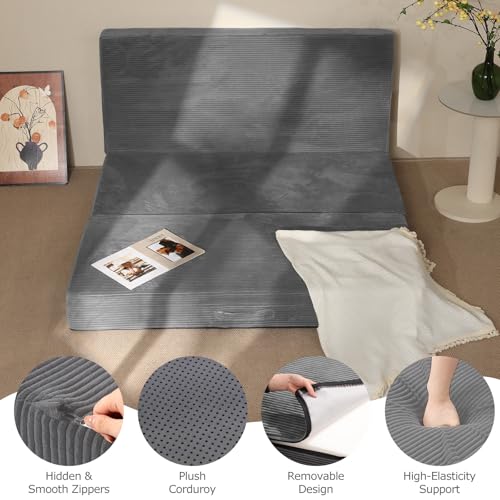 feliz home 6-Inch Tri-Fold Mattress Single Size - Foldable Futon Sofa Bed with Removable Washable Cover, Folding Memory Foam Futon Mattress | Non-Slip Bottom & Carry Handles for Guest, Camping, Dorm feliz home
