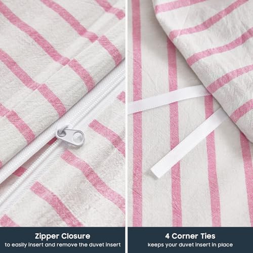 Wake In Cloud - Striped Cotton Duvet Cover Set, Ticking Stripe Vertical Pinstripe Farmhouse, 100% Washed Cotton Textured Percale Bedding Set, 3 Pieces, Pink White, Full Size Wake In Cloud