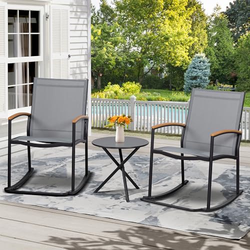 Shintenchi 3 Piece Outdoor Rocking Bistro Set, Textilene Fabric Small Patio Furniture Set, Front Porch Rocker Chairs Conversation Set with Table for Lawn, Garden, Balcony, Poolside (Light Gray) Shintenchi