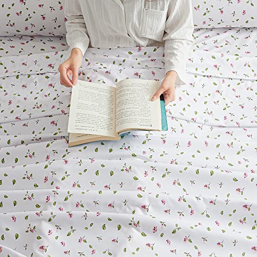 Mooreeke Full Sheets Set - 4 Pieces Soft Breathable Microfiber Bed Sheet Set - Pink Flower Green Leaf Pattern Sheet Set - Deep Pocket Non-Slip Floral Printed Fitted Sheet Included for All Season Mooreeke
