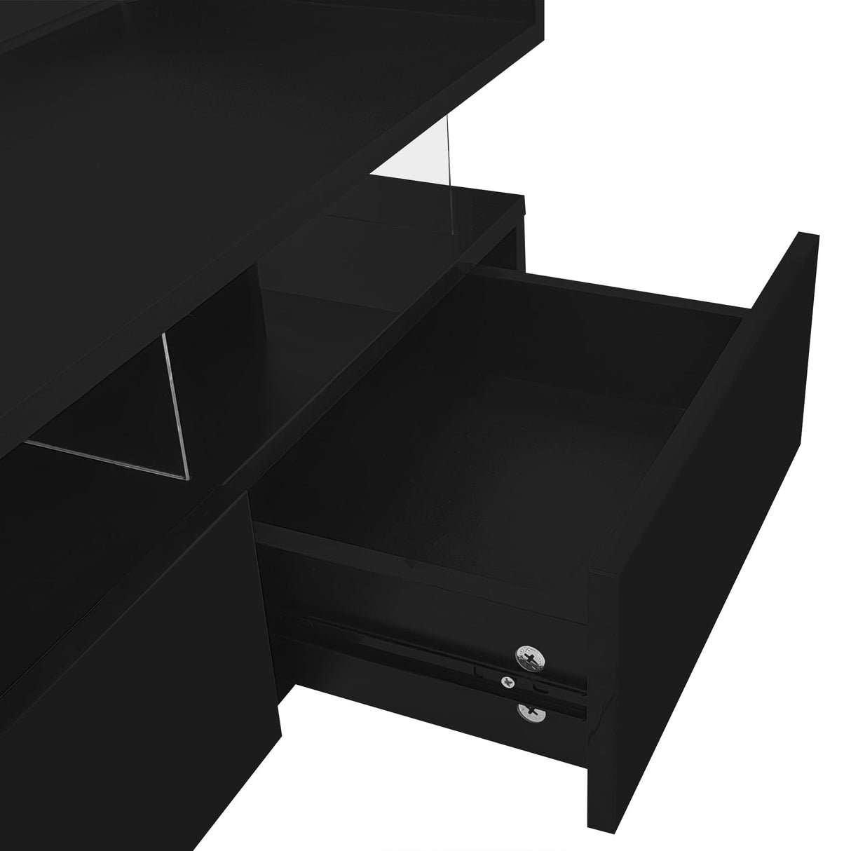 Polibi Lift-Top Coffee Table with Glass Top and High-Gloss Finish,Modern Square Coffee Table with 2 Drawers,Hidden Space and LED Lights for Living Room,Black Polibi